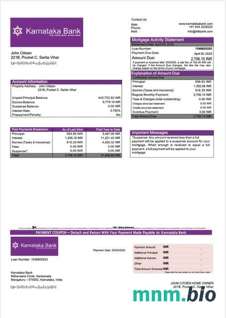 Indie Bank Karnataka wyciąg z kredytu hipotecznego szablon Word i PDF